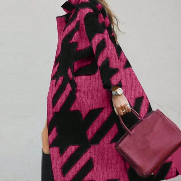 Hot Pink Casual Women's Colorblock Long Sleeve Knitted Cardigan - Picture 2 of 5